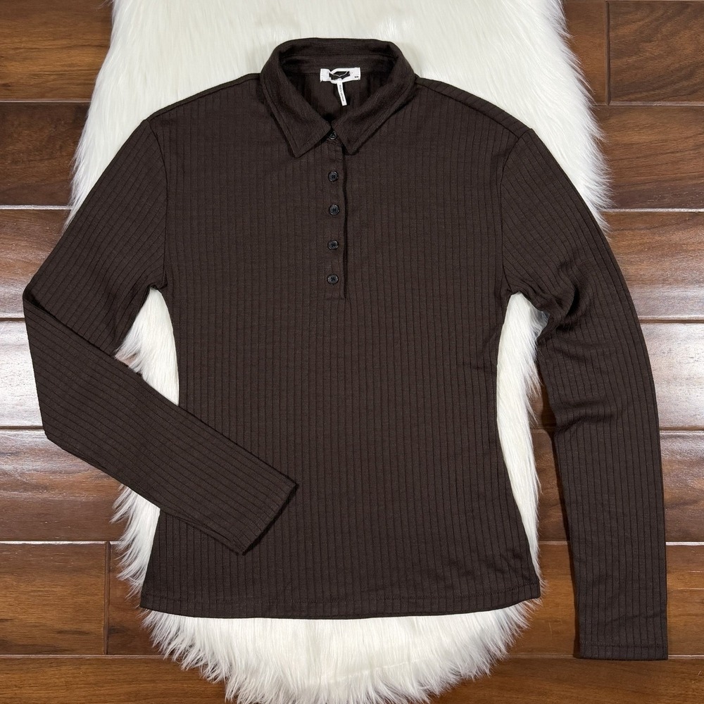 Rag & Bone Women's Size Medium Brown Ribbed Long Sleeve Collar Polo Shirt‎